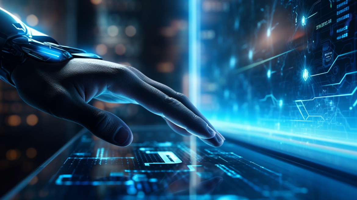 A_hand_pointing_to_a_futuristic_technology